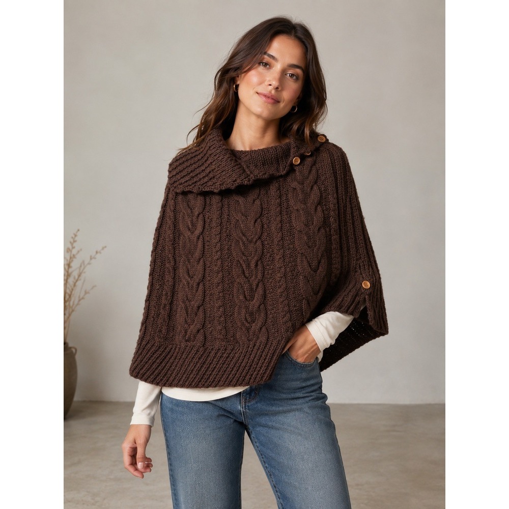 Sleeping on Snow Anthropologie Brown Cable Knit Wool Blend Poncho One Size